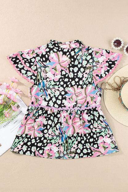 Pink Ricrac Floral Tiered Short Sleeve Blouse