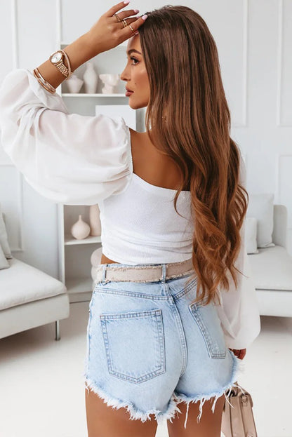 White Drawstring Front Sheer Puff Sleeve Crop Top