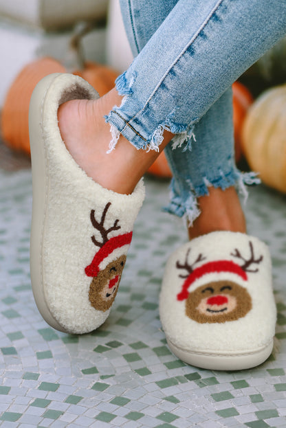 White Christmas Deer Home Indoor Plush Slippers