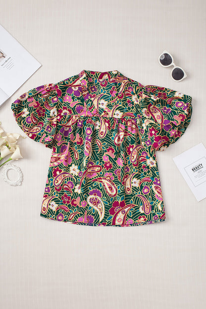 Green V Neck Short Bubble Sleeve Paisley Blouse