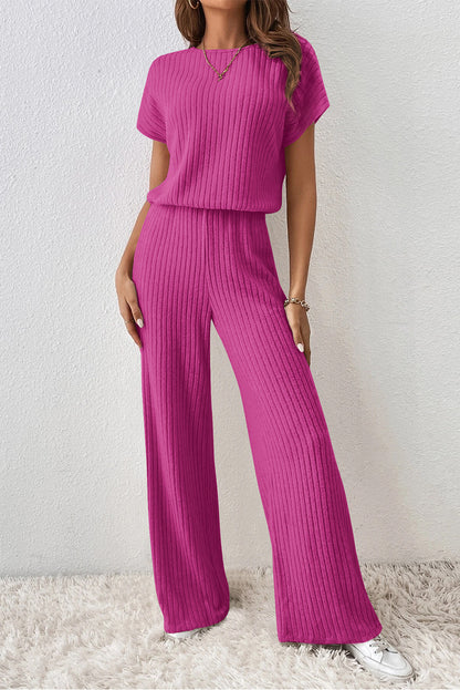 Rose Red Solid Color Ribbed Short Sleeve Wide Leg Jumpsuit