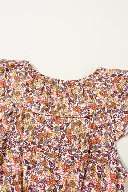 Red Floral Print Knot V Neck Ruffled Sleeve Blouse