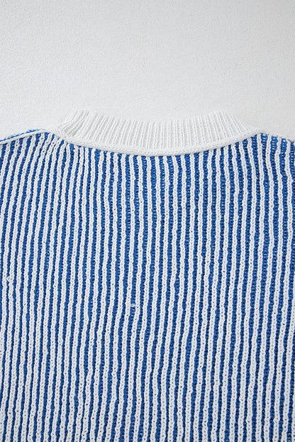 Dark Blue Striped Textured Knit Contrast Edge Loose Sweater