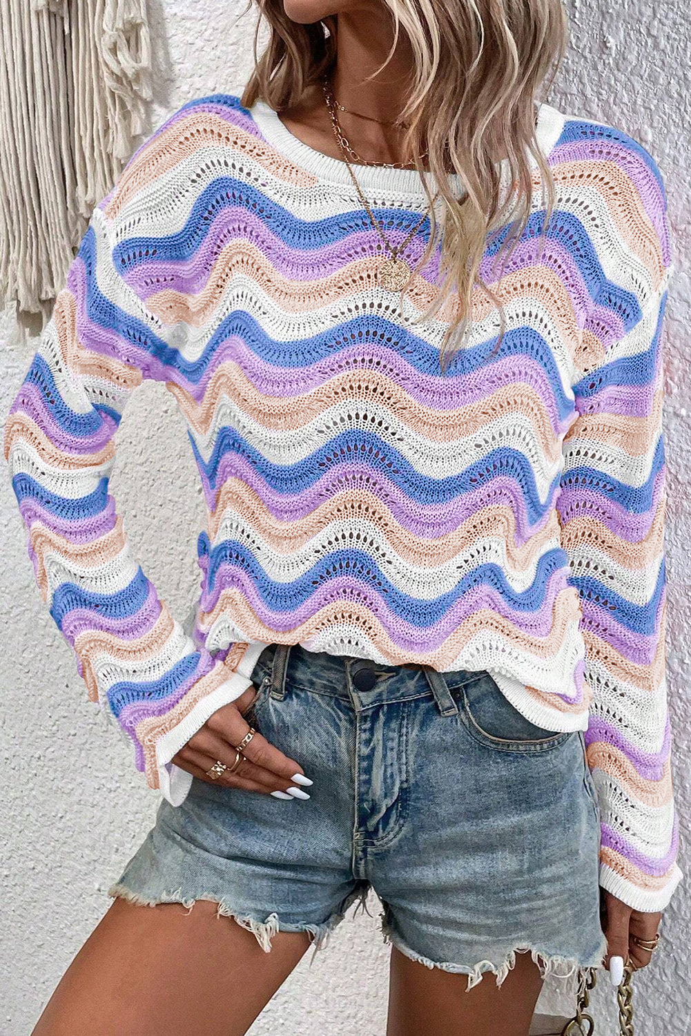 Purple Stripe Wavy Pointelle Knit Drop Shoulder Sweater