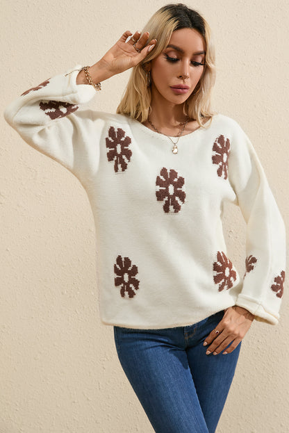 White Colorblock Floral Pattern Round Neck Sweater