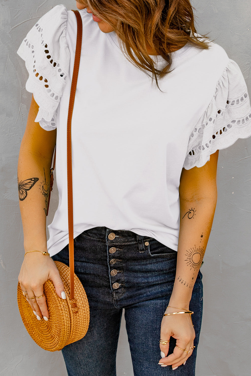 White Hollow Out Ruffle Sleeve T-shirt