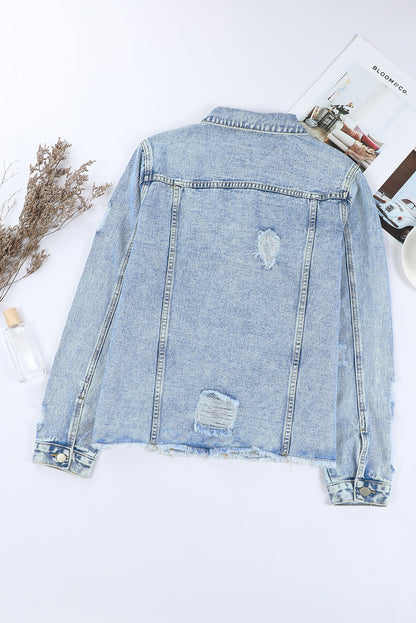 Sky Blue Lapel Distressed Raw Hem Buttons Denim Jacket