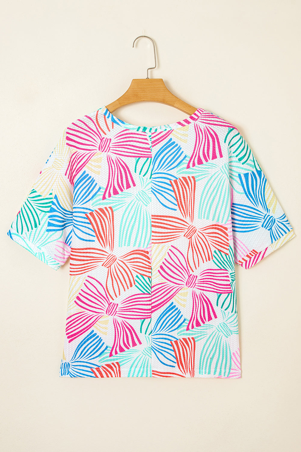 Multicolour Bowknot Printed Waffle Crewneck Loose Short Sleeve Top