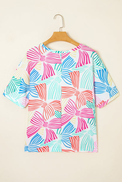 Multicolour Bowknot Printed Waffle Crewneck Loose Short Sleeve Top