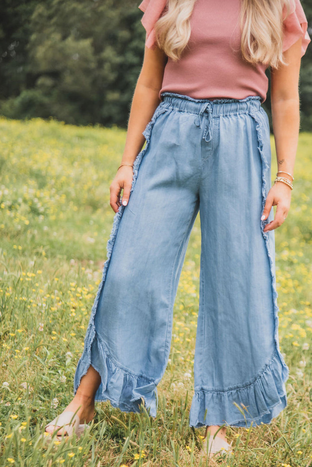 Myosotis Light Wash Raw Hem Ruffled Wide Leg Jeans