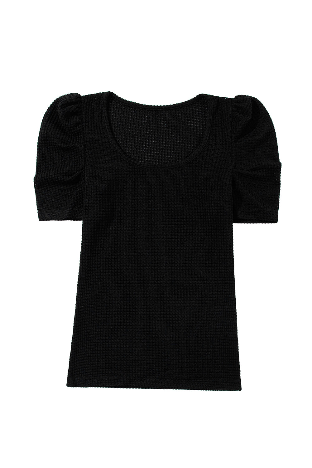 Black Waffle Knit Ruched Puff Sleeve Top