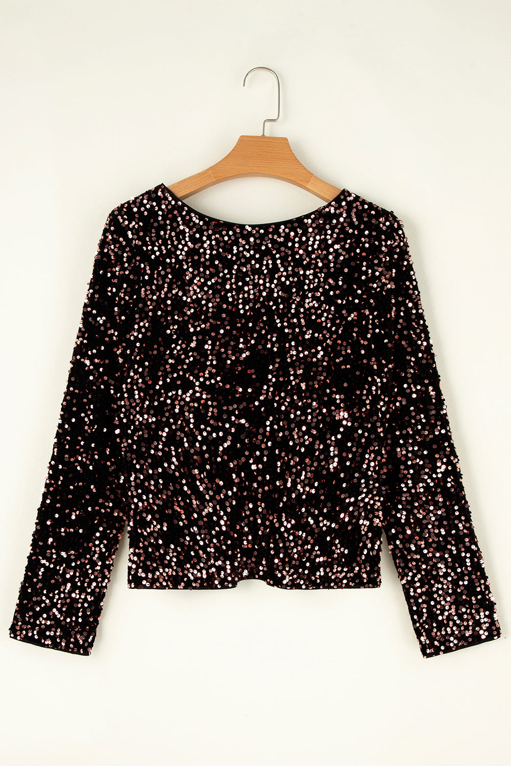 Chicory Coffee Sequin Long Sleeve Cutout Back Top