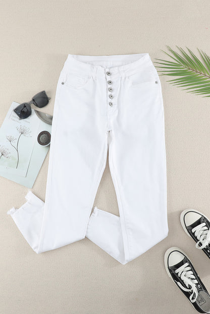 White Plain High Waist Buttons Frayed Cropped Denim Jeans