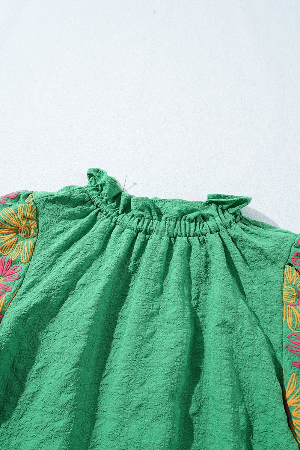 Bright Green Floral Puff Short Sleeve Ruffled Collar Button Back Top