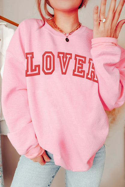 Pink LOVER Puff Print Drop Shoulder Pullover Sweatshirt