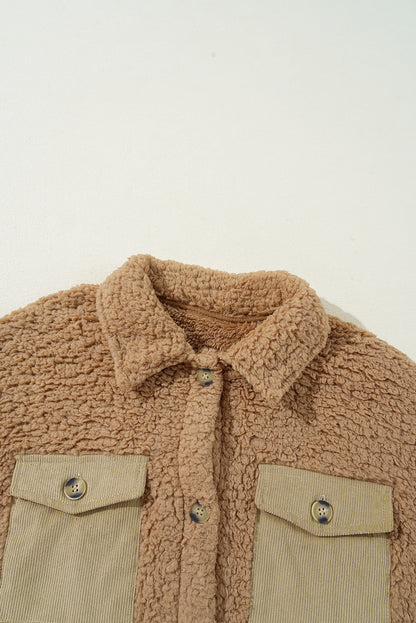 Khaki Contrast Flap Pocket Single Breasted Teddy Coat