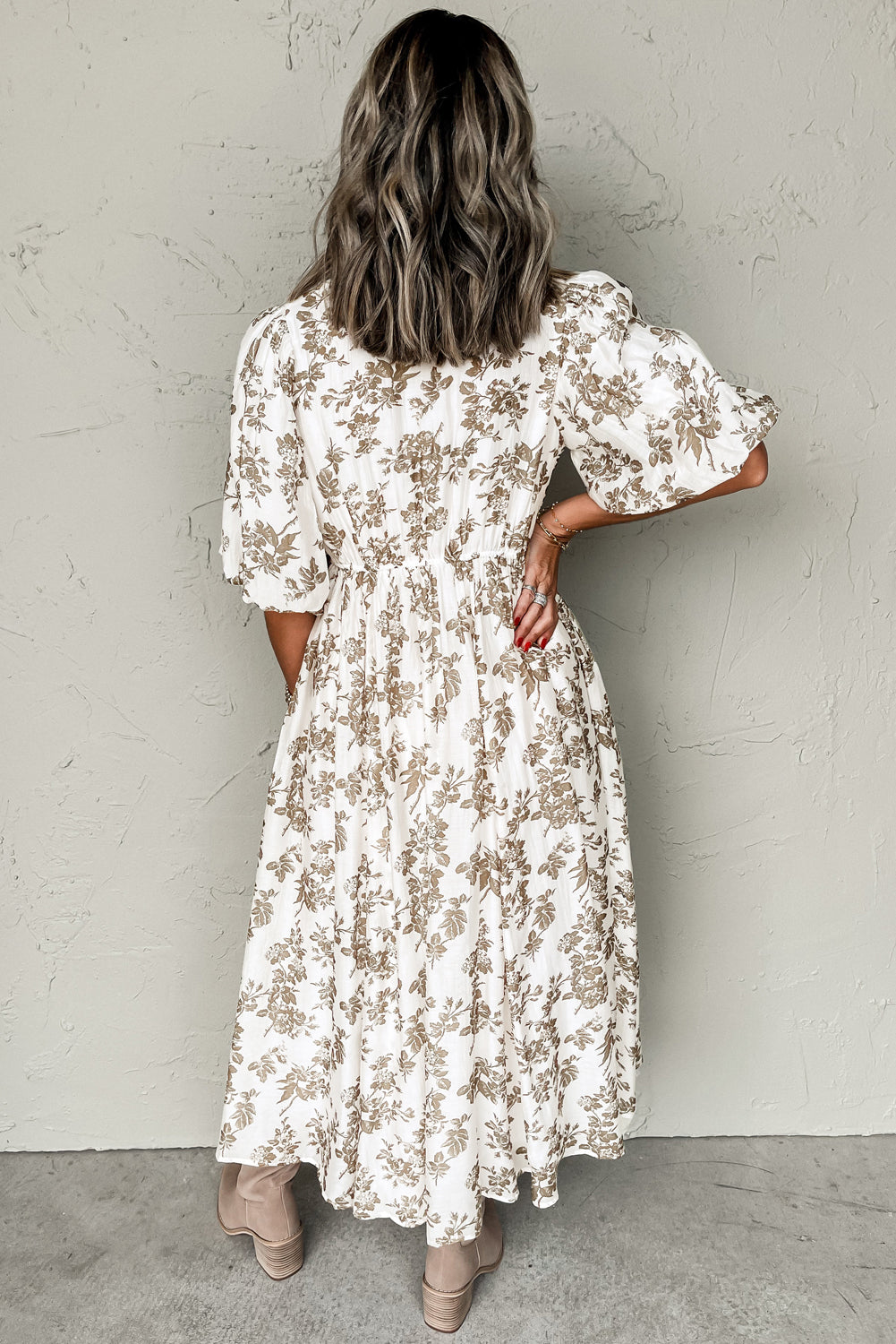 Khaki Floral Puff Sleeve V Neck Buttoned Front Maxi Dress