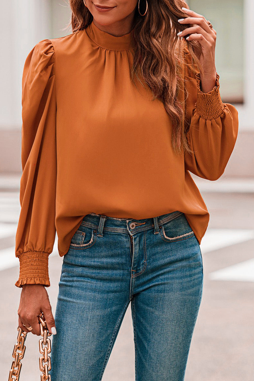 Orange Long Bubble Sleeve Mock Neck Chiffon Blouse