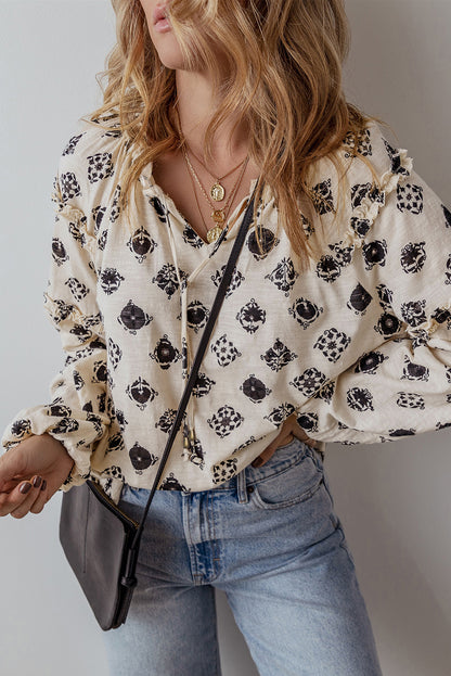 White Printed Split Neck Bubble Sleeve Loose Blouse