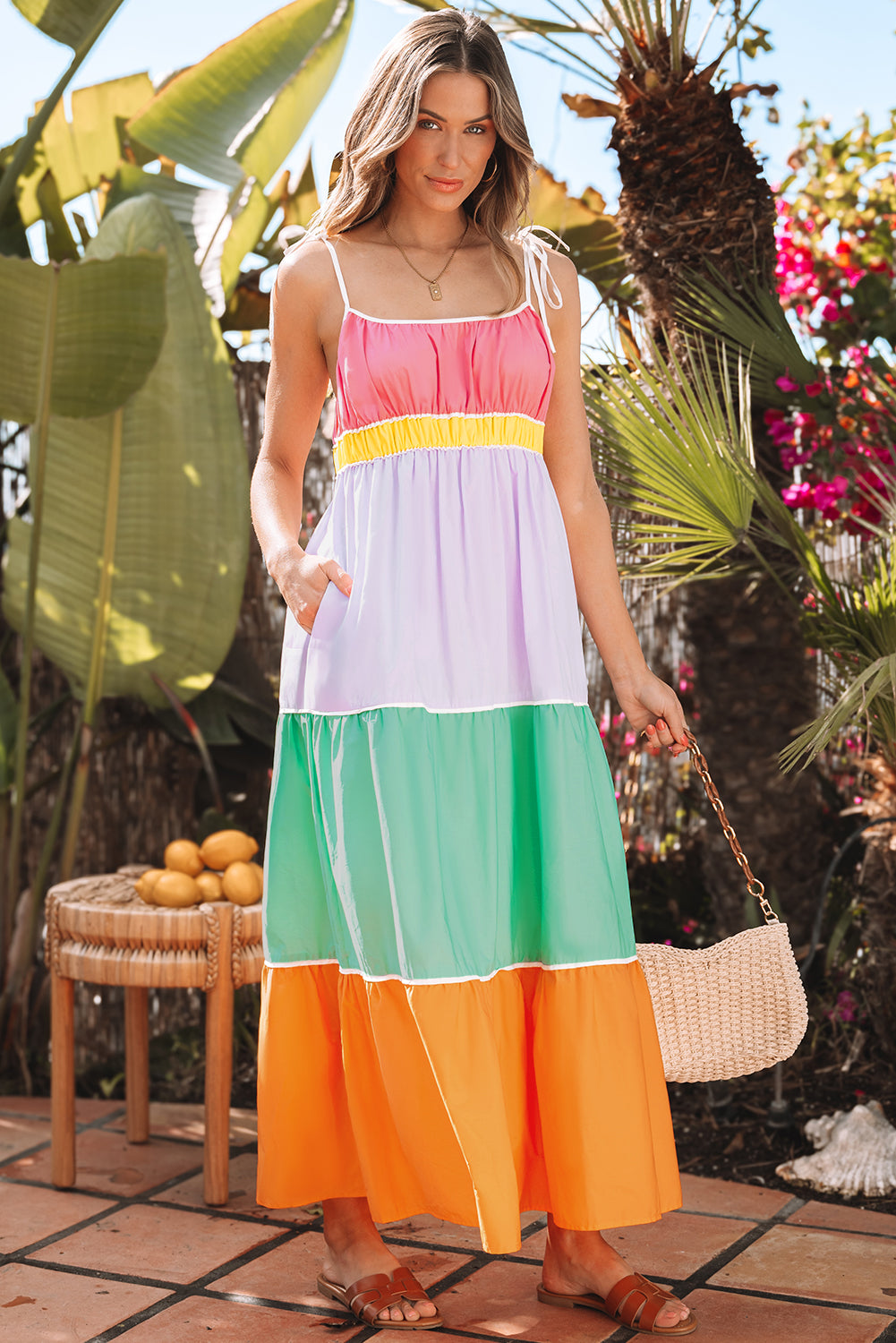 preppy maxi dress Multicolour Colorblock Self-tie Straps High Waist Flowy Maxi Dress wit – Probably Preppy