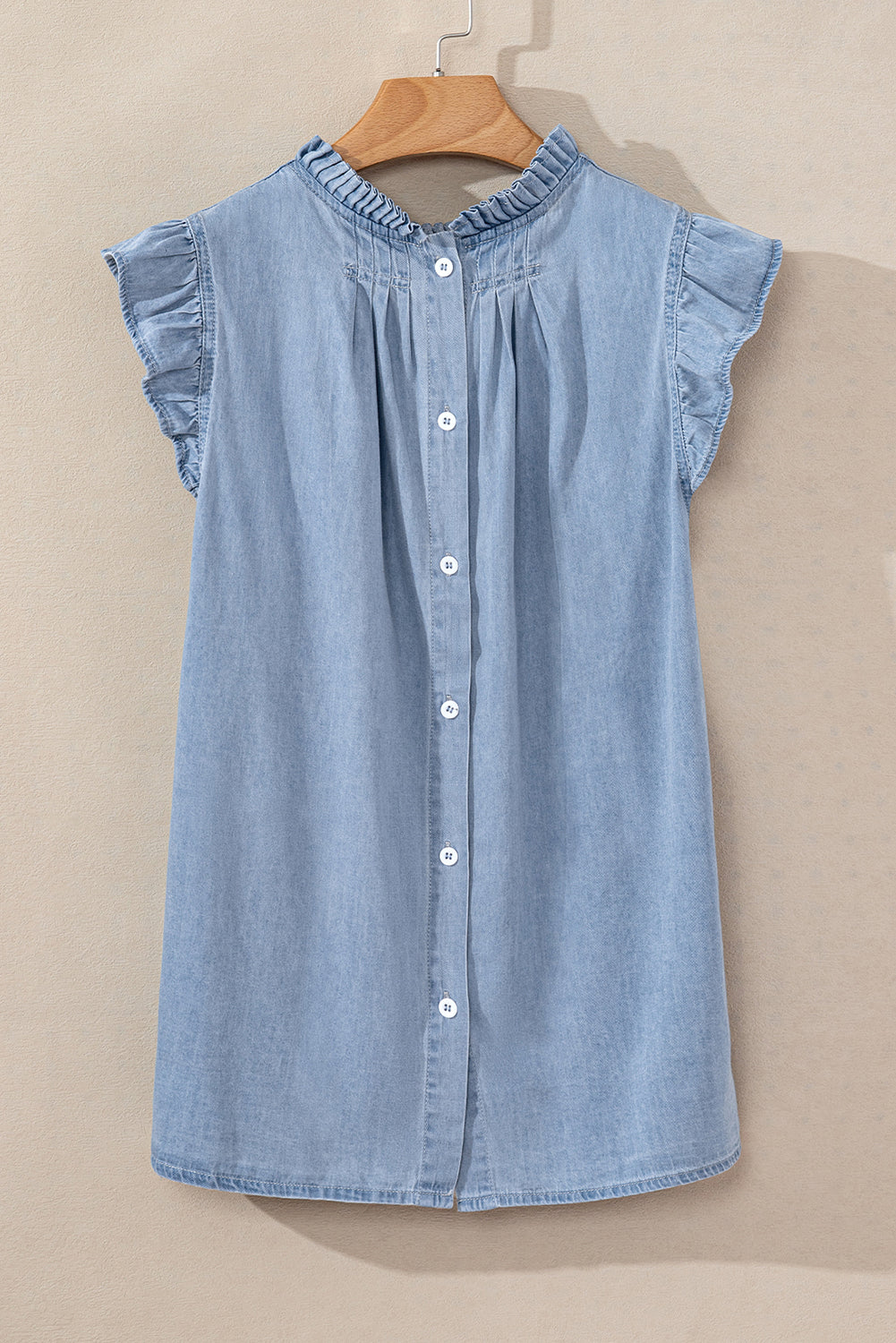 Beau Blue Frilly Pleated Button Back Retro Chambray Top