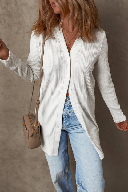 White Solid Color Ribbed Button up Tunic Cardigan