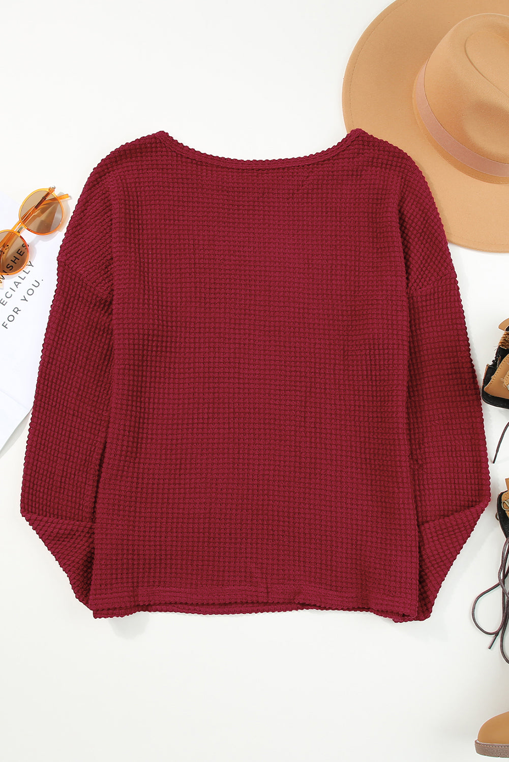 Fiery Red Waffle Knit Drop Shoulder Long Sleeve Top