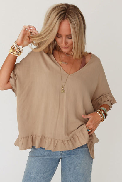 Light French Beige Loose Ruffled V Neck Blouse