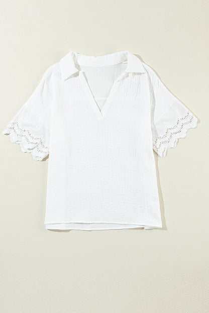 White Crinkled Lace Splicing Sleeve Collared V Neck Blouse