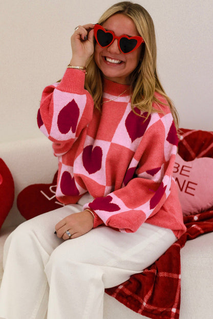 Pink Plus Size Love Heart Block Mock Neck Lantern Sleeve Valentine Sweater