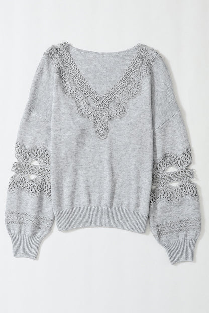 Gray Hollowed Lace Splicing V Neck Loose Sweater