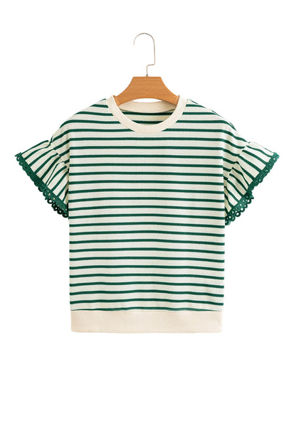 Green Stripe Scallop Lace Trim Ruffle Short Sleeves Crewneck Top