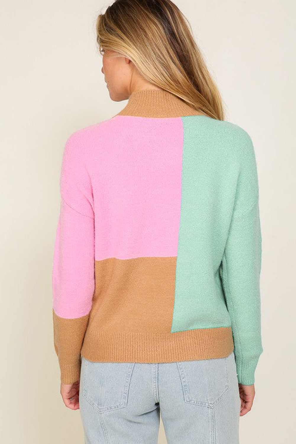 Multicolour Colorblock Mock Neck Ribbed Trim Sweater