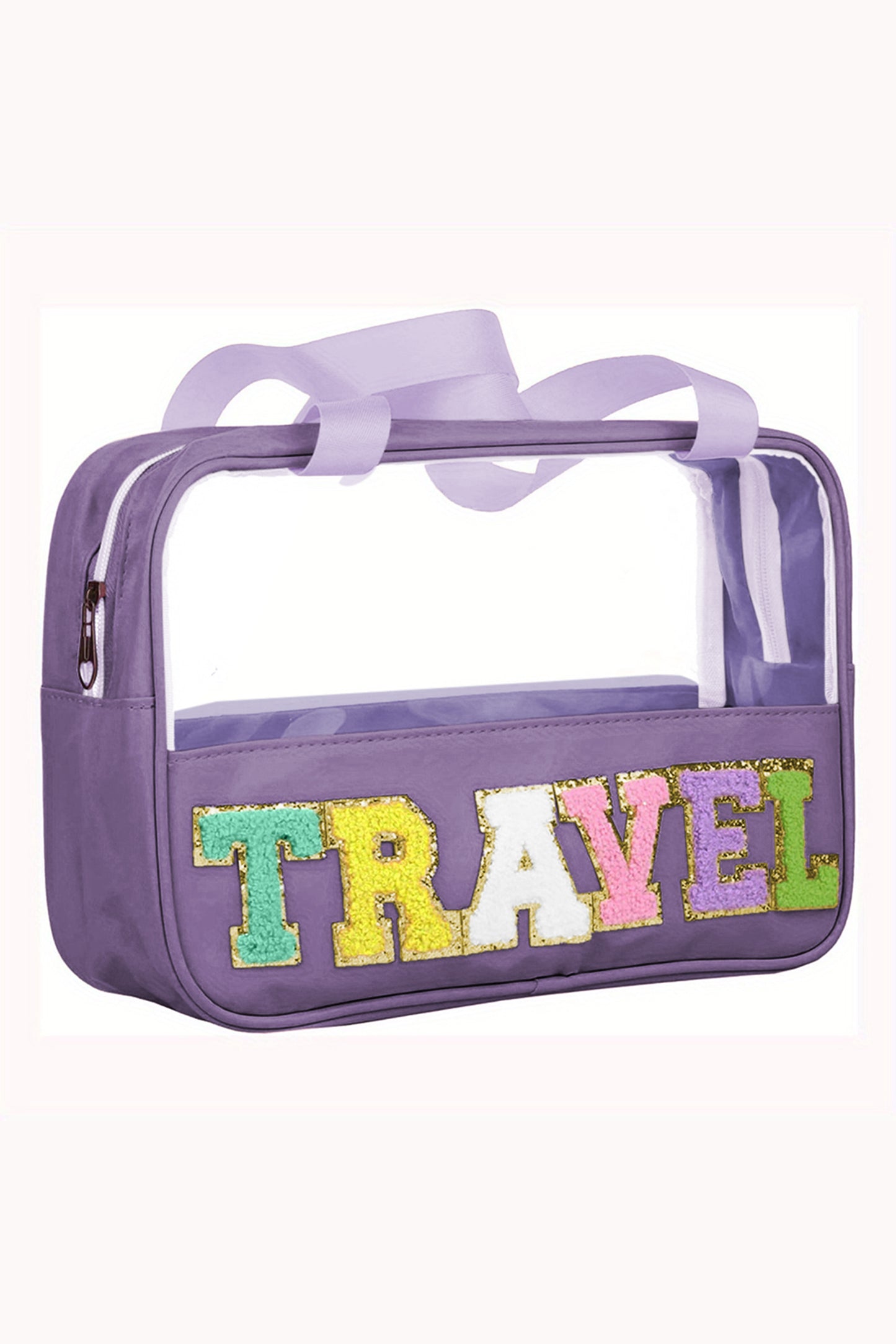 Purple TRAVEL Chenille Letter Clear PVC Makeup Bag