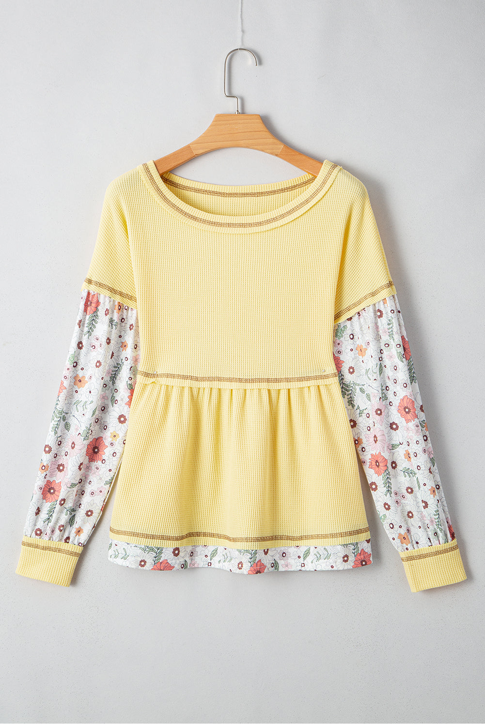 Yellow Floral Patchwork Waffle Knit Babydoll Blouse