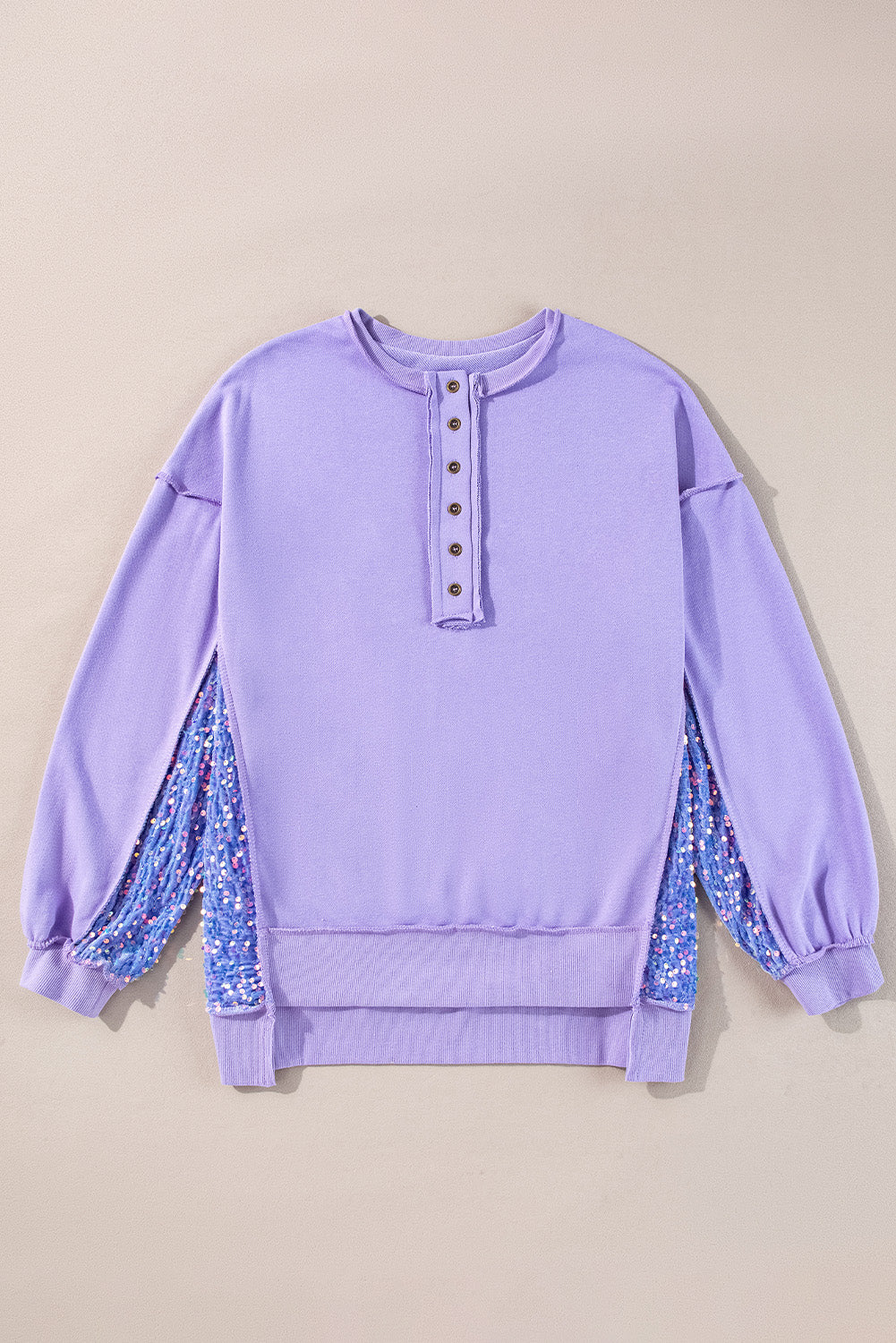 Lilac Sequin Patchwork High Low Hem Henley Sweatshirt