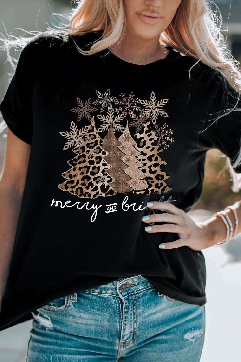 Black Leopard Christmas Tree Graphic Crew Neck T Shirt