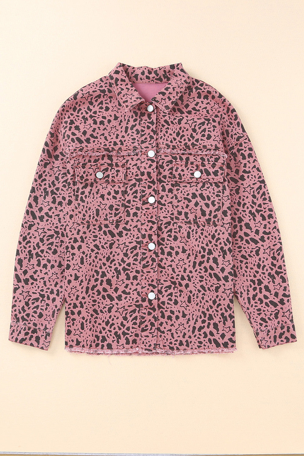 Pink Stars & Animal Spots Print Button Up Denim Shacket