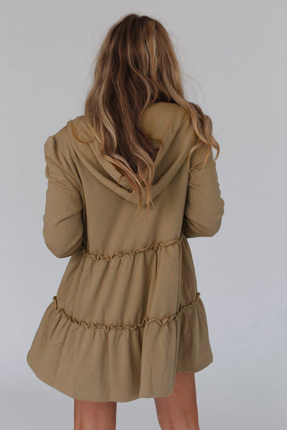 Khaki Tiered Ruffled Zip-Up Drawstring Hooded Jacket