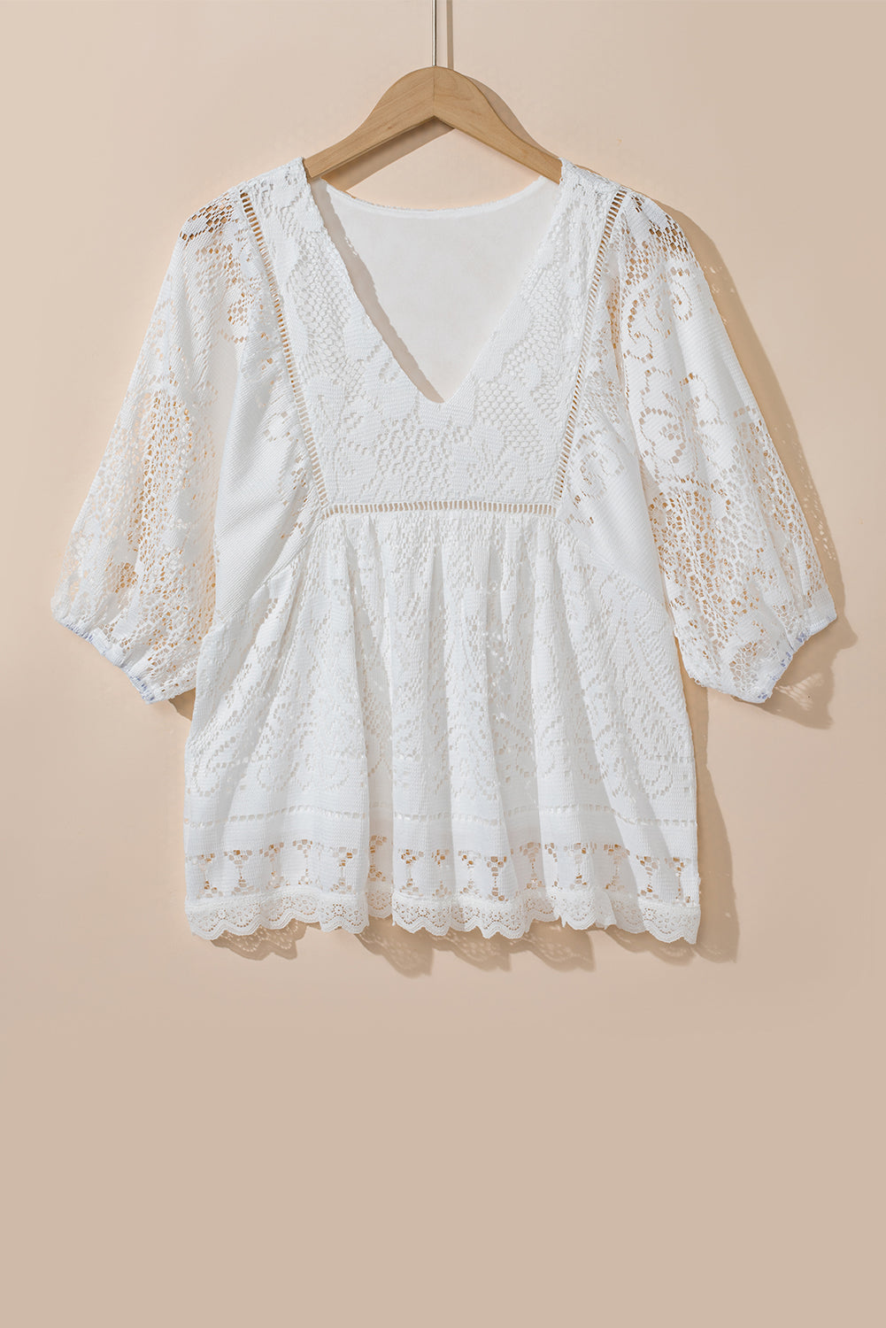 White Lace Crochet Hollowed Scallop Hem V Neck Blouse