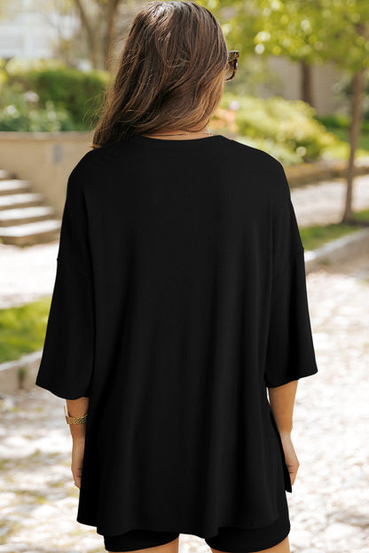 Color black Solid Color Loose Tunic Top and Slim Shorts Set