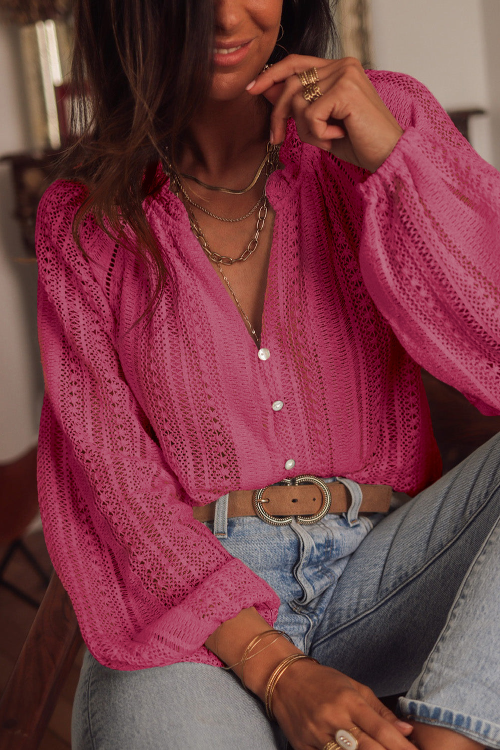 Rose V-Neck Long Sleeve Button Up Lace Shirt