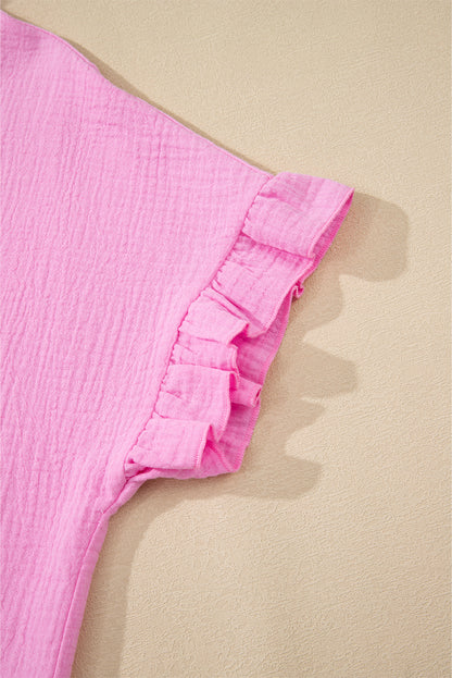 Bonbon Mineral Wash Textured Ruffle Trim Short Sleeve Shirt