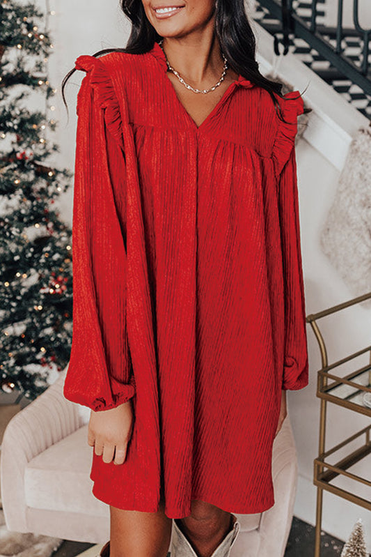 Fiery Red Textured Ruffled Trim V Neck Loose Fit Mini Dress