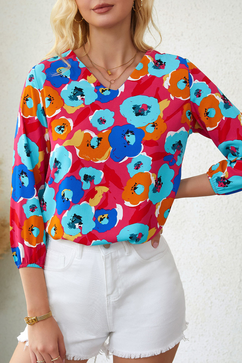 Rose Multicolor Floral Print V Neck 3/4 Sleeve Blouse