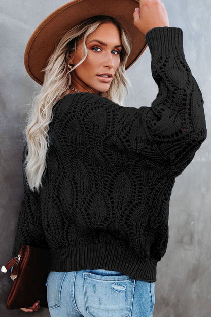Black Crochet Knit Ribbed Hem Hollow-out Sweater
