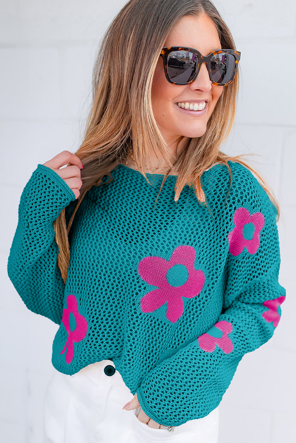 Sea Green Big Flower Hollowed Knit Drop Shoulder Sweater