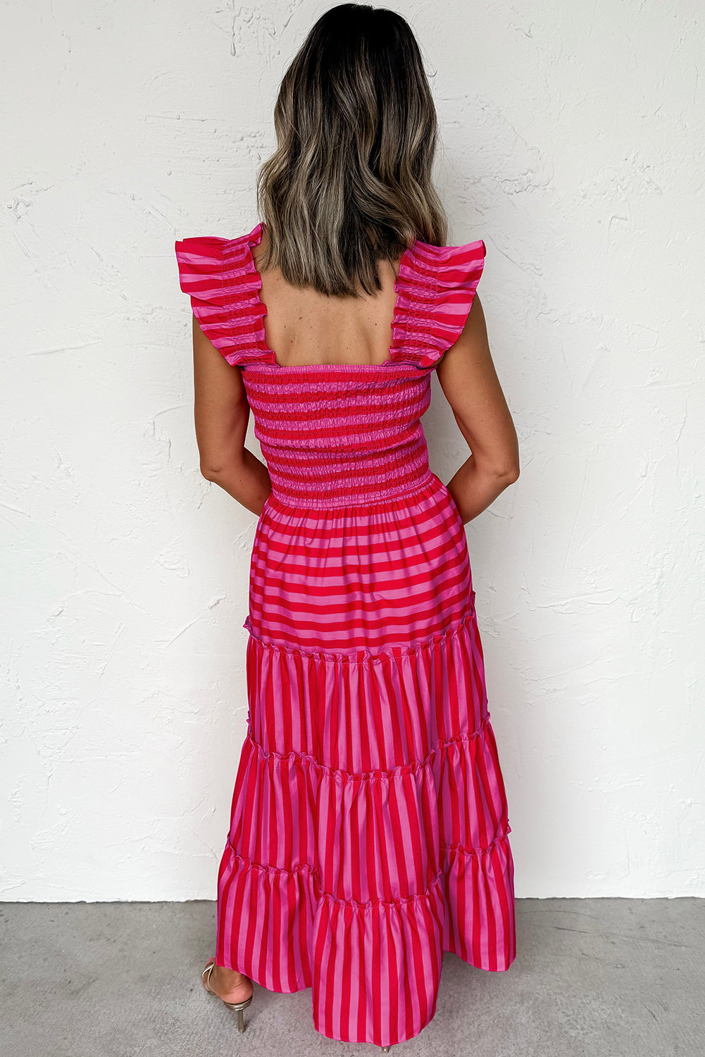 Rose Stripe Flutter Sleeve Smocked Bodice Tiered Maxi Dress