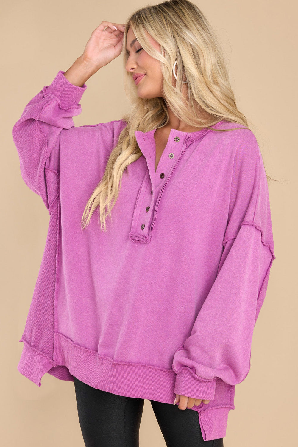 Purple Oversized Exposed Seam Henley Sweatshirt