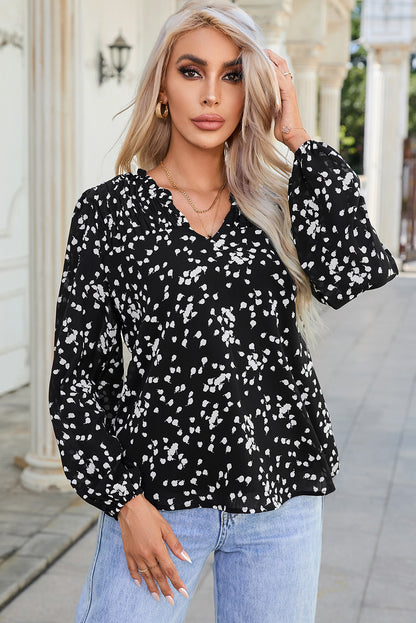 Black Split Neck Fall Printed Crinkled Blouse